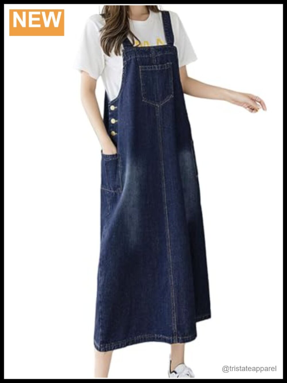 100% Cotton Denim Overall Maxi Dress Button Pinafore with Pockets